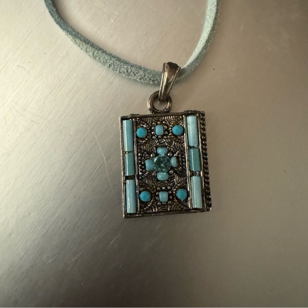Vintage Turquoise Beaded Rectangular Pendant Blue… - image 8